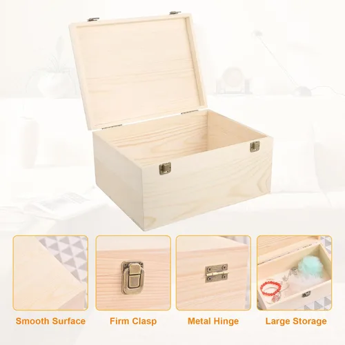 Vista 3 de Caja de madera sin terminar de 12 x 9 x 5 pulgadas, caja de almacenamiento de madera natural Large Craft Stash Boxes, Hinged Lid Front Clasp Case