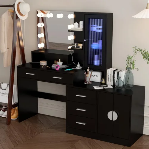 Vista 4 de Escritorio de maquillaje con espejo y luz, espejo de tocador con estación de carga para dormitorio, mesa de maquillaje con estantes
