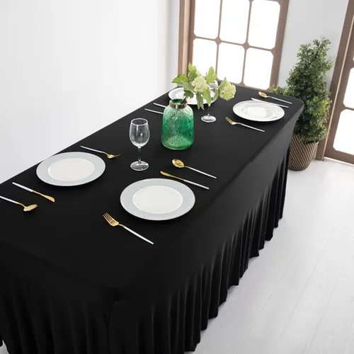 Vista 3 de Falda de mesa de poliéster ajustable de una pieza de elastano, mantel rectangular resistente a las arrugas para eventos de bodas, fiestas
