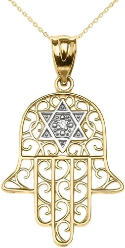 Vista 4 de Collar con colgante de oro amarillo de 14 k con diseño de mano de Hamsa con estrella de David centrado en diamantes