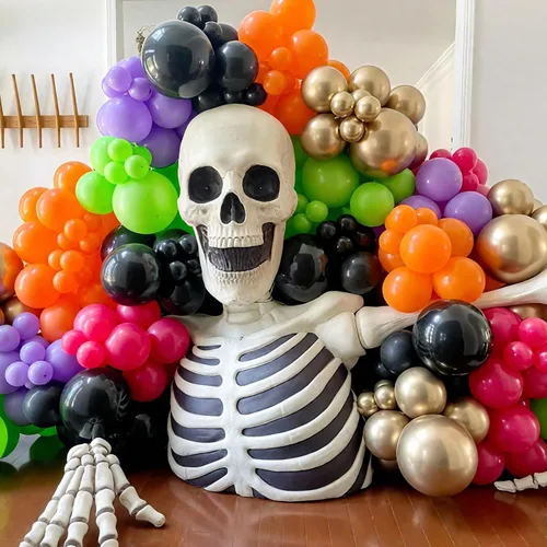 Vista 5 de 50 globos de Halloween, globos de 12 pulgadas, globos morados negros y anaranjados de 12 pulgadas, globos de confeti de murciélago, globos de látex