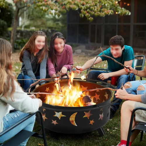 Vista 3 de Yaheetech Hoguera de 30 pulgadas para chimenea exterior de leña al aire libre con pantalla de chispas, póquer para hoguera, patio, jardín, picnic
