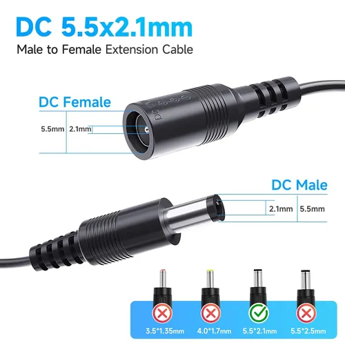 Vista 2 de 2 Pack 3ft DC Power Extension Cable 5.5mm*2.1mm Male to Female Power Cord for CCTV Security Surveillance Camera DVR Standalone, LED Strip, Router