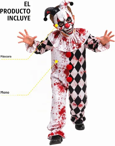Vista 4 de Disfraz de payaso sangriento para niños, disfraz de Halloween aterrador que incluye máscara y overol Negro & blanco