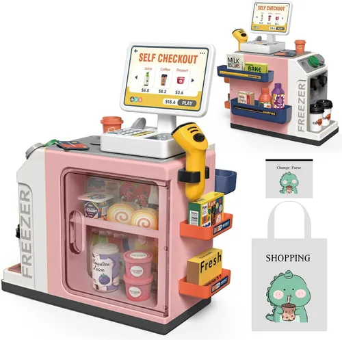 Vista 9 de Juego de caja registradora para niños – 48 piezas de dinero de simulación, calculadora, escáner, tarjeta de crédito y comida de juego para niños