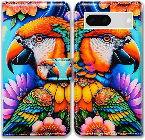 Vista 10 de Bcov Funda para Pixel 7a, diseño de pájaro negro de cuero verde con tapa para teléfono con ranura para tarjetas, soporte para Google Pixel 7a