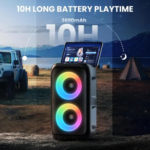 Vista 4 de Altavoz Bluetooth con 2 micrófonos inalámbricos recargables, altavoz portátil para fiesta con luces de colores, altavoces de pie compatibles