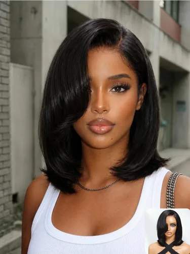 Vista 13 de Nadula Yaki - Peluca de cabello humano lacio estilo Bob con cordón y capas de enmarcar la cara, densidad del 180%, sin pegamento, 7x5 Bye Bye Knots