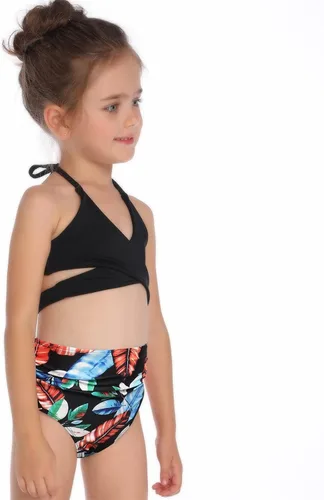 Vista 5 de ZHICHUANG Conjunto de bikini de verano para niñas de 2 a 12 años con estampado de hojas hawaianas de 2 piezas Rosado
