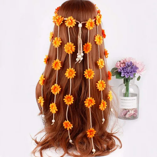 Vista 5 de WLBON Diadema de girasol de Halloween, hippie bohemio, margarita, diadema, corona, corona floral, diadema para mujer, boda, vacaciones, festival