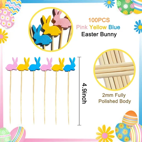 Vista 2 de Púas de cóctel de Pascua, 100 palillos de dientes de conejo de Pascua para aperitivos, palitos de bambú de conejo de Pascua de 4.7 pulgadas