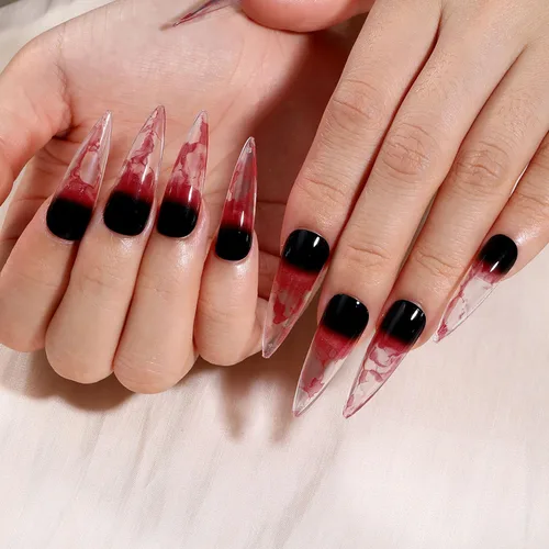 Vista 15 de RIICFDD - Uñas largas a presión con forma de almendra, punta de uñas con lazo grande, color rosa nude, con dijes de lazo negro, uñas postizas