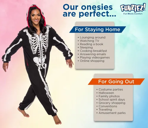 Vista 5 de Funziez! Mameluco de esqueleto que brilla en la oscuridad para adultos, disfraz de Halloween, traje de cosplay de una pieza de felpa para adultos