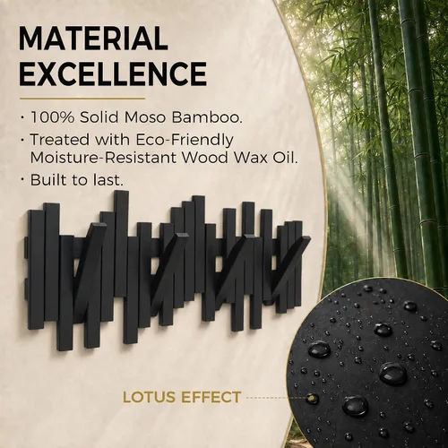 Vista 6 de MinBoo Perchero de Bambú con Múltiples Ganchos - Ganchos Decorativos para Pared Modernos, Únicos, que Ahorran Espacio, Perchero con 4 Ganchos Negro