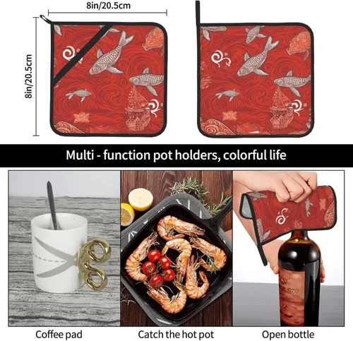 Vista 6 de Juego de 2 soportes para ollas con estampado de animales de mar rojo, resistentes al calor, antideslizantes, impermeables, con lazo para microondas