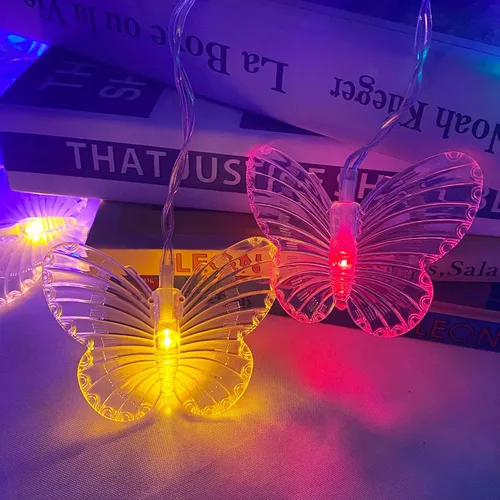 Vista 8 de Guirnalda de luces de cadena de hadas con cortina de mariposa, 120 LED, 8 modos, temporizador alimentado por USB, luz parpadeante de luciérnaga