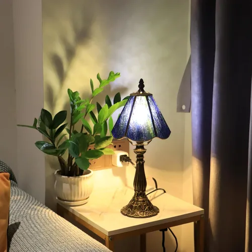 Vista 9 de Tiffany Style Table Lamp Blue Rippled Stained Glass Lamp 14 Inch Small Lamp,Desk Lamps,6X6X14 Inch,Bronze Resin Base, Antique Lamp,Mini Accent