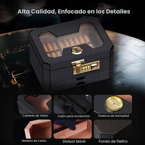 Vista 2 de Humidor de puros con cerradura de combinación, humidor de escritorio de madera de cedro con humidificador e higrómetro, cajón de accesorios, 2