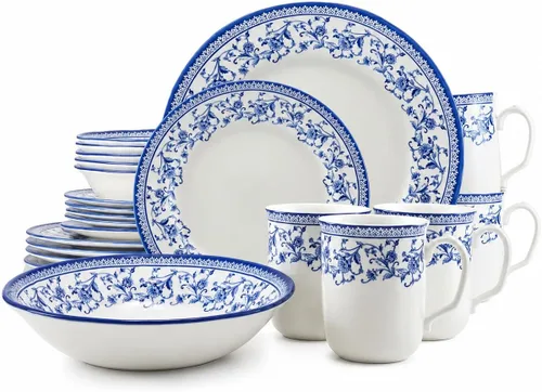 Vista 10 de TUDOR ROYAL - Juego de vajilla redonda de porcelana de 12 piezas, servicio para 4, diseño azul aster, multicolor floral, platos, tazones, tazas