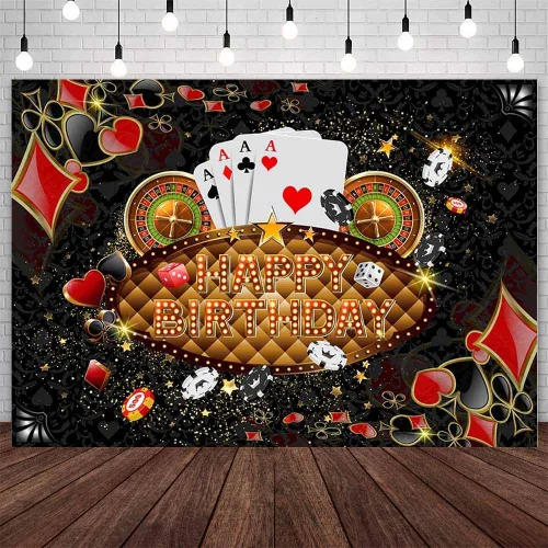 Vista 7 de AIBIIN Telón de fondo de feliz cumpleaños de 7 x 5 pies, decoración de fiesta de cumpleaños de Las Vegas, dados de Las Vegas, cartel de fiesta