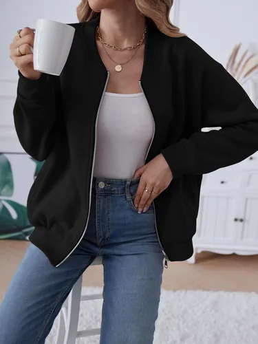 Vista 2 de MEROKEETY Sudaderas con cremallera de manga larga para mujer, chaquetas casuales holgadas de abrigo con bolsillos Negro