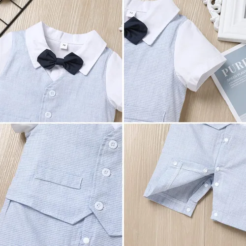 Vista 6 de IDOPIP Chaleco blanco para bebé, caballero, camisa blanca, corbatín, esmoquin, enterizo, enterizo, traje de cumpleaños, traje formal de 0-18 meses
