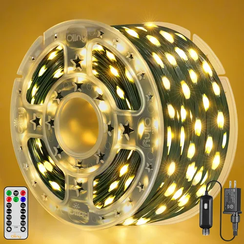 Vista 5 de Ollny Luces LED de 198 pies 600 LED para exteriores, impermeables, enchufables, para árbol de Navidad, con 8 modos de temporizador remoto, cadena
