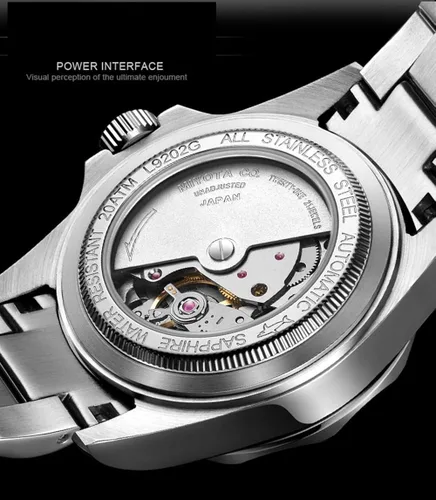 Vista 4 de LOREO Mens GMT plata acero inoxidable zafiro cristal azul giratorio bisel azul dial relojes automáticos