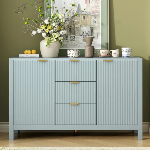 Vista 3 de Henf Mesa consola moderna de 47.2 pulgadas, diseño ondulado, mesa de entrada con 3 cajones y 3 estantes ajustables, mesas de sofá de madera