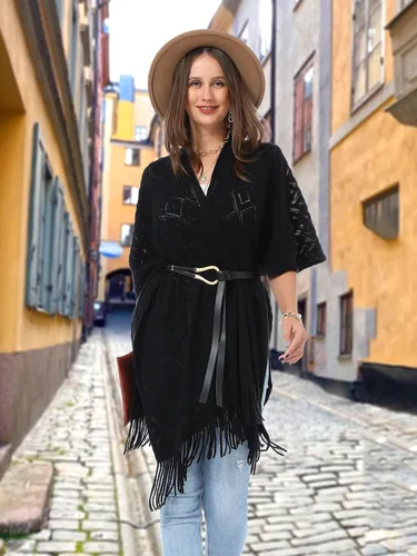 Vista 37 de Soul Young - Chal de punto para mujer, poncho con flecos y capa