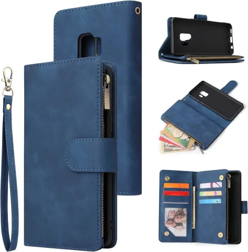 Vista 8 de UEEBAI Funda tipo cartera para Samsung Galaxy S9 Plus, funda de piel sintética, cierre magnético, bolsillo con cremallera, ranuras para tarjetas