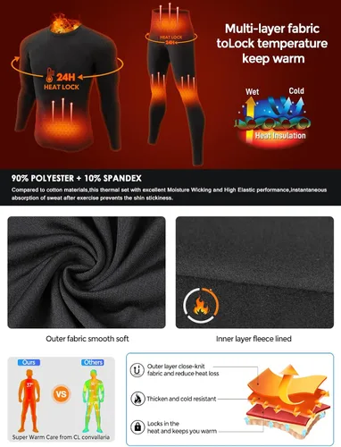 Vista 9 de CL convallaria Paquete de 2 calzoncillos térmicos largos para hombre, forro polar suave, capa base para clima frío, tallas XS-4XL