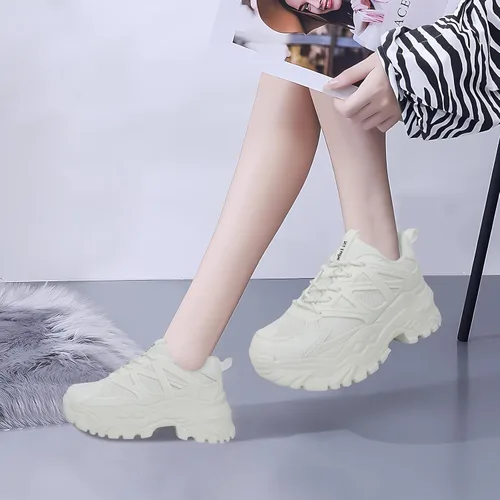 Vista 7 de Zapatos deportivos gruesos para mujer, con plataforma de malla blanca, cómodos, transpirables, informales, a la moda, para correr