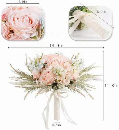 Vista 5 de LESING Ramos de novia de 11.8 pulgadas, rosas artificiales hechas a mano, románticos, para novia, dama de honor, celebración de flores, 11.8 Ramo
