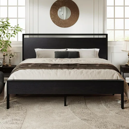 Vista 17 de Base de cama Allewie de tamaño individual con cabecero y pie de cama de madera, soporte de listones de metal resistentes, no requiere somier