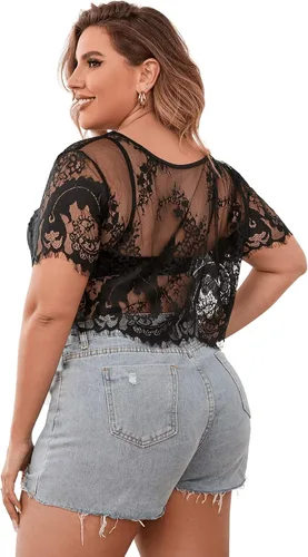 Vista 2 de Floerns Camiseta corta de manga corta de malla transparente para mujer, talla grande, sin brasier