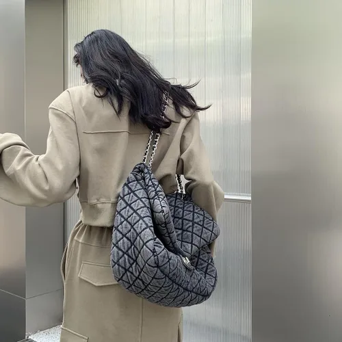 Vista 3 de Bolso casual de un hombro de moda retro de mezclilla a cuadros de diamante gris para mujer Grande