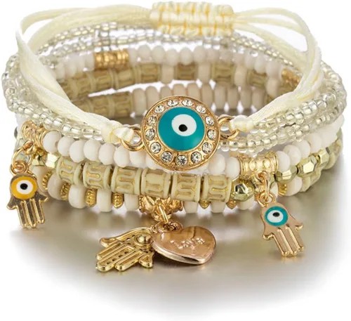 Vista 2 de Caiyao Juego de pulseras apilables de varias capas con cuentas de mal de ojo bohemio, multicolor, dije de ojo boho, semilla, Hamsa Fátima, colgante