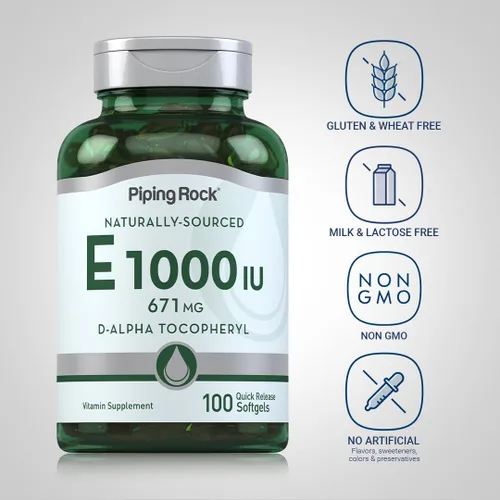 Vista 3 de Piping Rock Vitamina E 1000 UI Cápsulas Softgel 671mg 100 Pastillas Suplemento de tocoferilo D-Alpha Sin OMG, sin gluten
