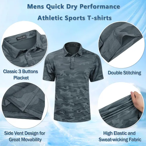 Vista 38 de TAPULCO Camisetas tipo polo de secado rápido para hombre, diseño de camuflaje, atléticas, ligeras, transpirables, casuales, para golf