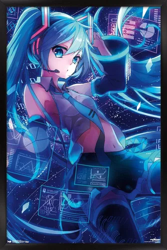 Vista 6 de Trends International Hatsune Miku - Póster de pared con pantallas, 14.725 x 22.375 pulgadas, versión enmarcada de madera de granero