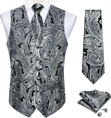 Vista 9 de DiBanGu Conjunto de 5 chalecos de seda con corbata y corbatín para hombre Paisley oro negro