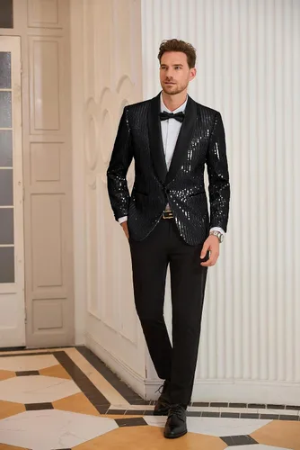Vista 4 de GRACE KARIN Blazer de lentejuelas brillantes para hombre, con un botón, chal, solapa, esmoquin, fiesta, cena, baile de graduación