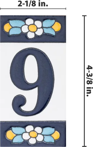 Vista 4 de Sevillano Flora Address Numbers 9 - Azulejo de pared de cerámica de 2-1/8" x 4-3/8