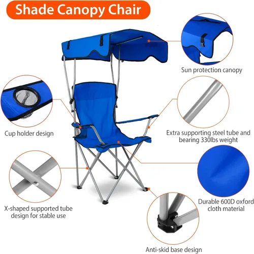Vista 5 de Silla plegable con toldo de playa, sillas de campamento con sombra, protección solar resistente, silla de césped con soporte para tazas