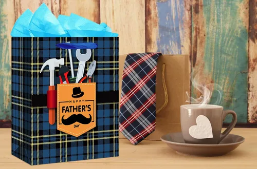 Vista 6 de WaaHome Bolsa de regalo para el día del padre para papá, con papel de seda y asa, 13 x 10.5 x 5.8 pulgadas, bolsa de regalo grande azul para el día
