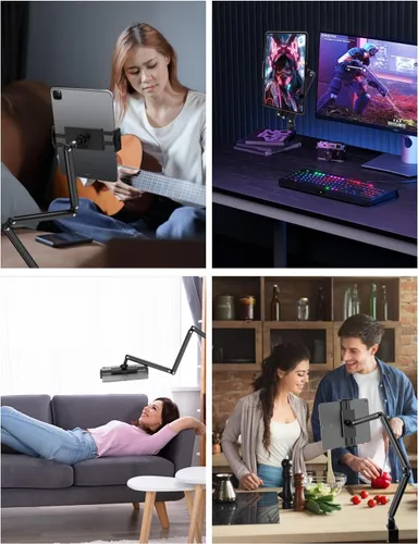 Vista 6 de Yumecamp - Soporte para tablet de triple brazo, soporte de aluminio resistente para iPad con abrazadera de escritorio, soporte giratorio de 360°