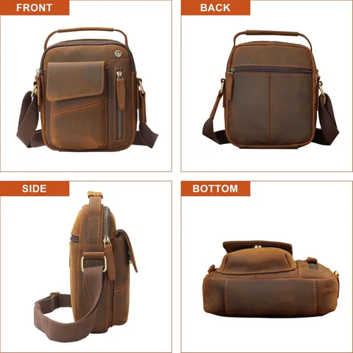 Vista 7 de BAIGIO Bolso cruzado de cuero genuino para hombre, bolso de hombro pequeño, bolso de mensajero, maletín de cuero, regalo del padre