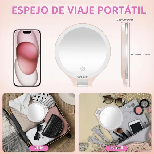 Vista 6 de WEILY Espejo de maquillaje con aumento 10X/1X, espejo de viaje con luz rosado (451-pink)