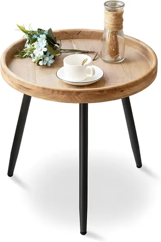 Vista 10 de Tiita Mesa auxiliar redonda mental, mesita de noche, mesas pequeñas de madera, mesa de centro con bandeja de madera para sala de estar, dormitorio